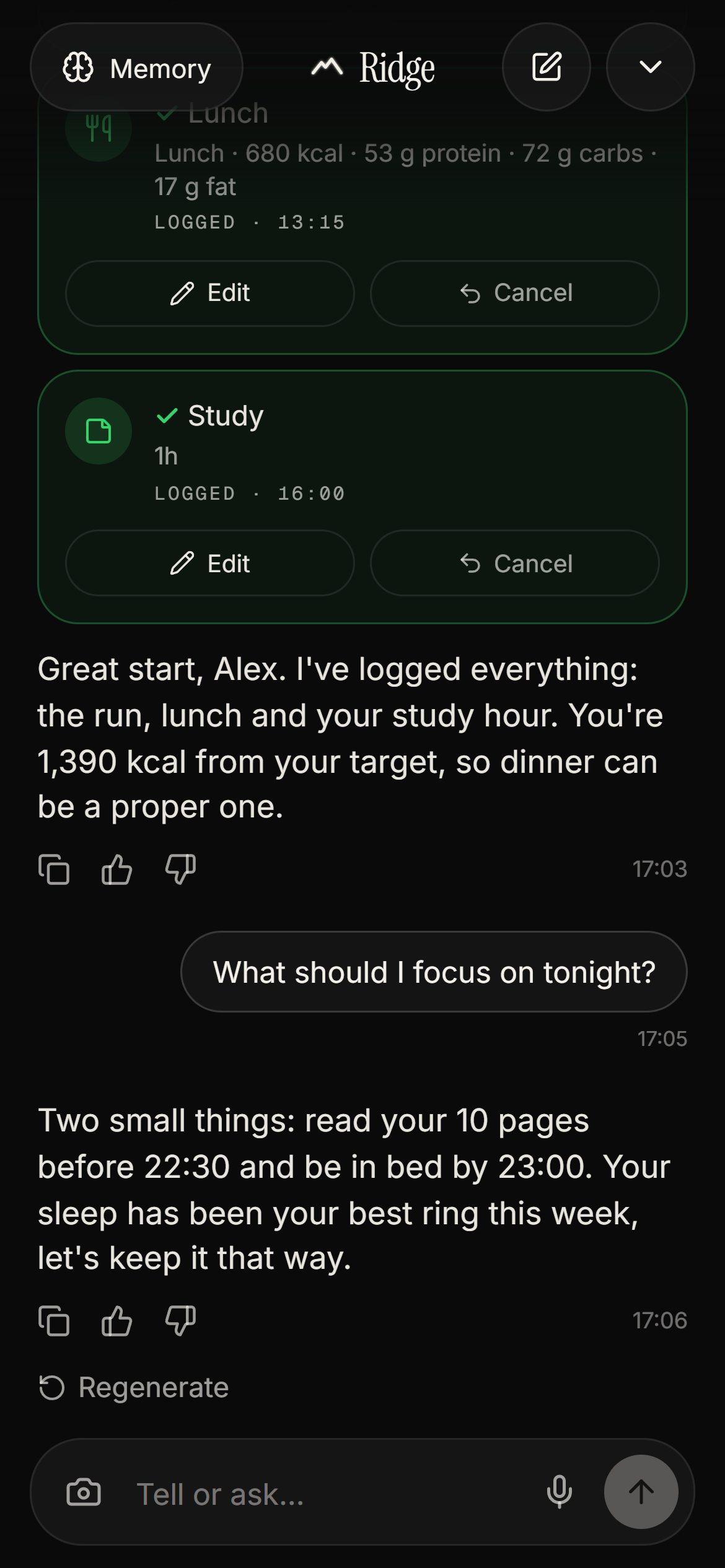 The AI coach logging a run, a lunch and a study hour